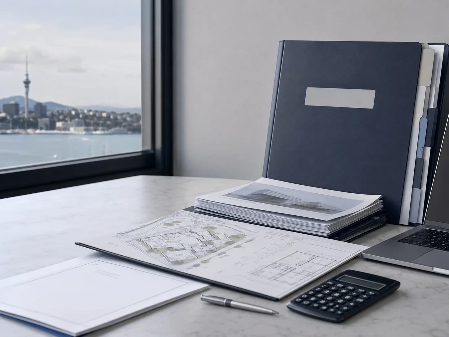 Commercial property underwriting workspace overlooking Auckland